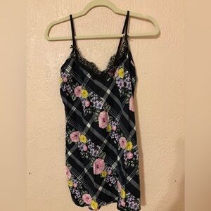 Victoria's Secret Black Floral Slip Dress Nightgown with Lace Trim